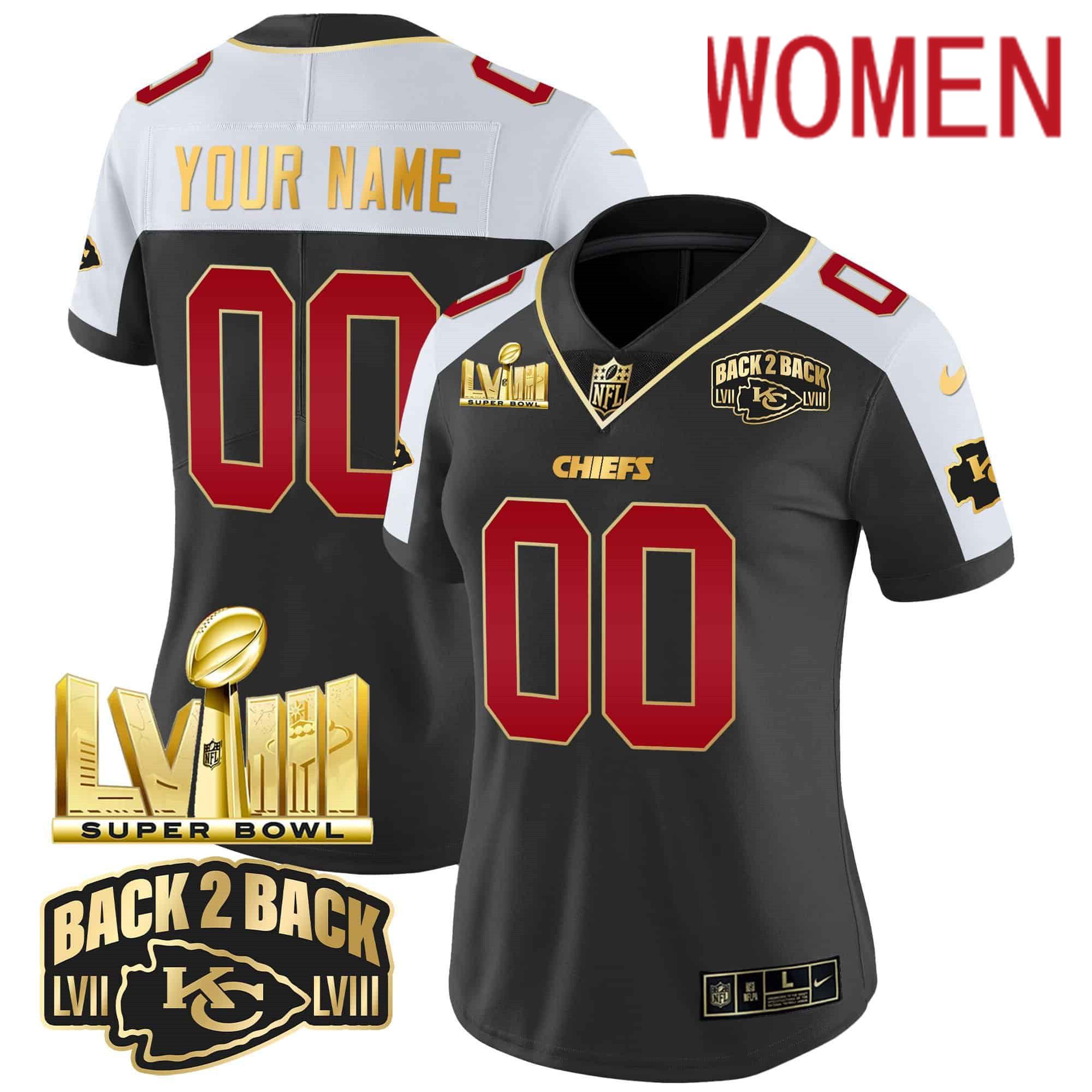 Women Kansas City Chiefs Black 2024 Nike Super Bowl LVIII & Back-2-Back Gold Patch Vapor Custom NFL Jersey